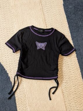 Y2K Butterfly Contrast Stitch Crop Top Baby Tee Black Purple XS